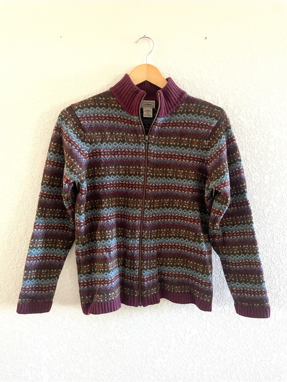Vintage L.L. Bean Fair Isle Full Zip-Up Lamb’s Wool Cardigan Sweater Sz M Fall